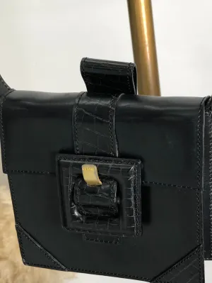 CELINE Front Buckle Leather Shoulder bag Black Vintage m4ezj3