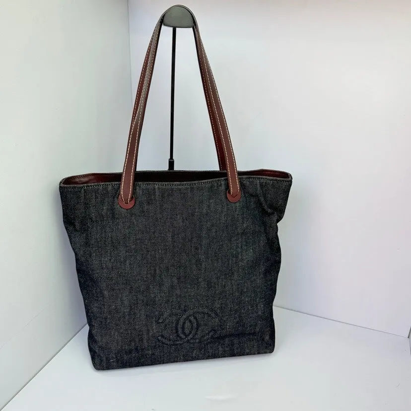Chanel Denim Tote Shoulder Bag Brown Handles 31cm