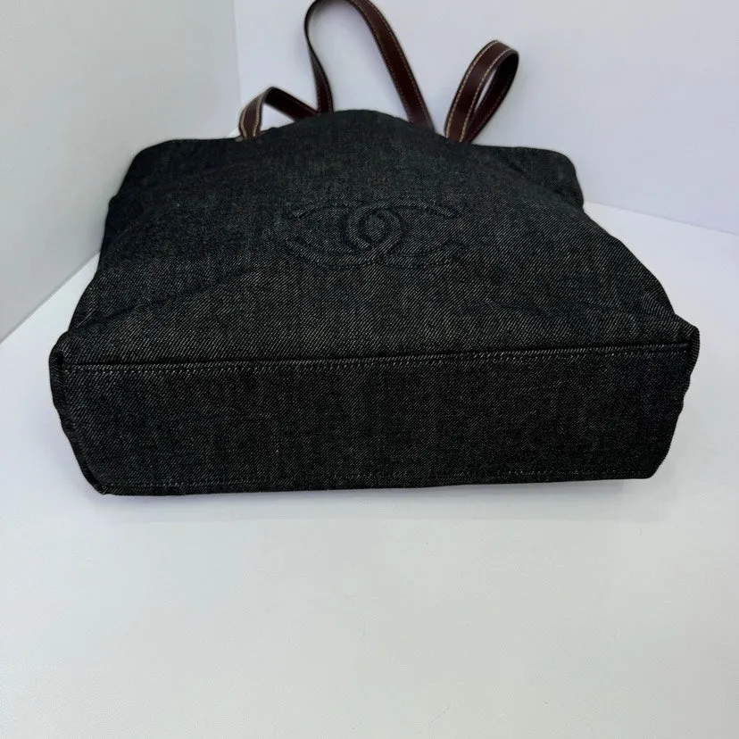 Chanel Denim Tote Shoulder Bag Brown Handles 31cm