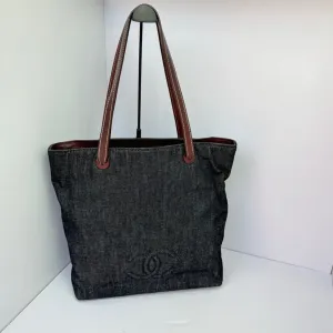 Chanel Denim Tote Shoulder Bag Brown Handles 31cm