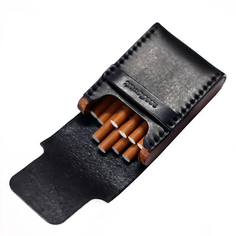 Cool Wooden Black Leather Mens Cigarette Case Handmade Custom Cigarette Holder for Men