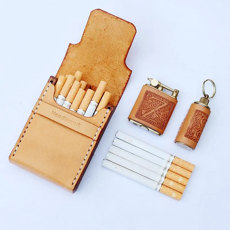 Cool Wooden Leather Mens 20pcs Cigarette Case Custom Beige Cigarette Holder for Men