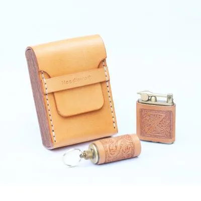 Cool Wooden Leather Mens 20pcs Cigarette Case Custom Beige Cigarette Holder for Men