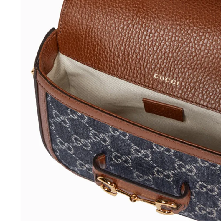 GUCCI Horsebit 1955 Retro Gold Buckle Logo Stripe Webbing Denim Saddle Bag Shoulder Messenger Bag Mini Gray Blue / Brown 658574-2KQPG-8391
