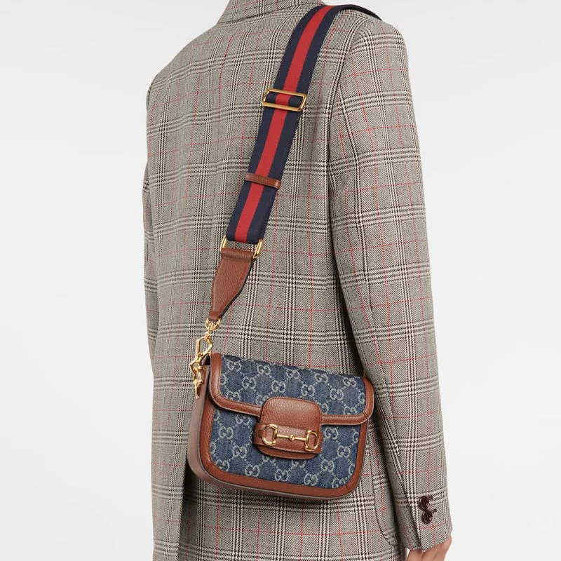 GUCCI Horsebit 1955 Retro Gold Buckle Logo Stripe Webbing Denim Saddle Bag Shoulder Messenger Bag Mini Gray Blue / Brown 658574-2KQPG-8391