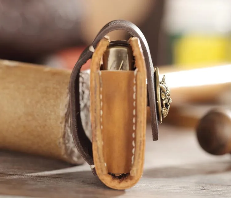 Handmade Brown Leather Mens Armor Zippo Lighter Cases With Belt Loop Zippo Standard Lighter Holders For Men