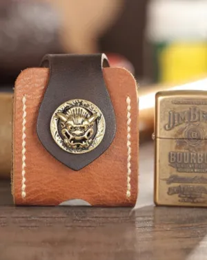 Handmade Brown Leather Mens Armor Zippo Lighter Cases With Belt Loop Zippo Standard Lighter Holders For Men