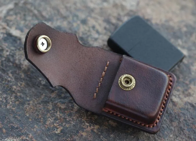 Handmade Cool Mens Leather Zippo Lighter Cases with Loop Zippo lighter Holder with clips