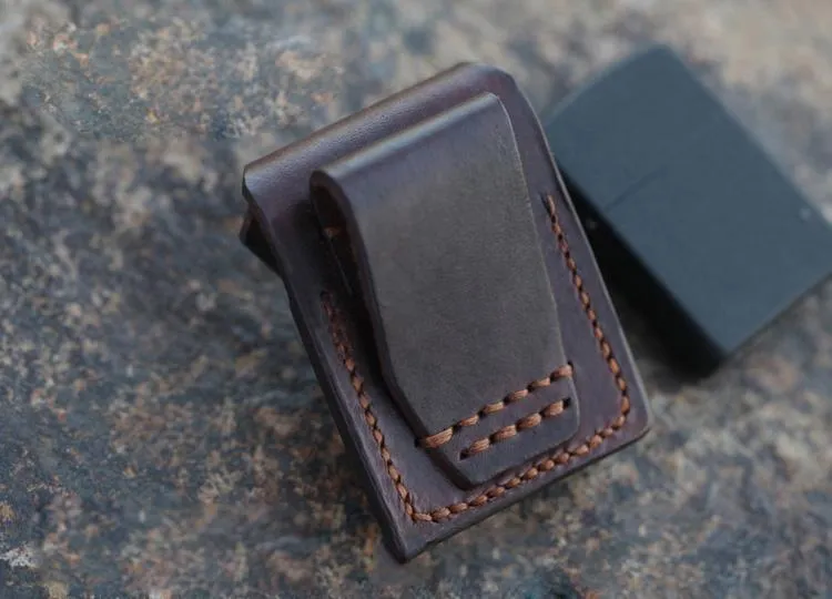 Handmade Cool Mens Leather Zippo Lighter Cases with Loop Zippo lighter Holder with clips