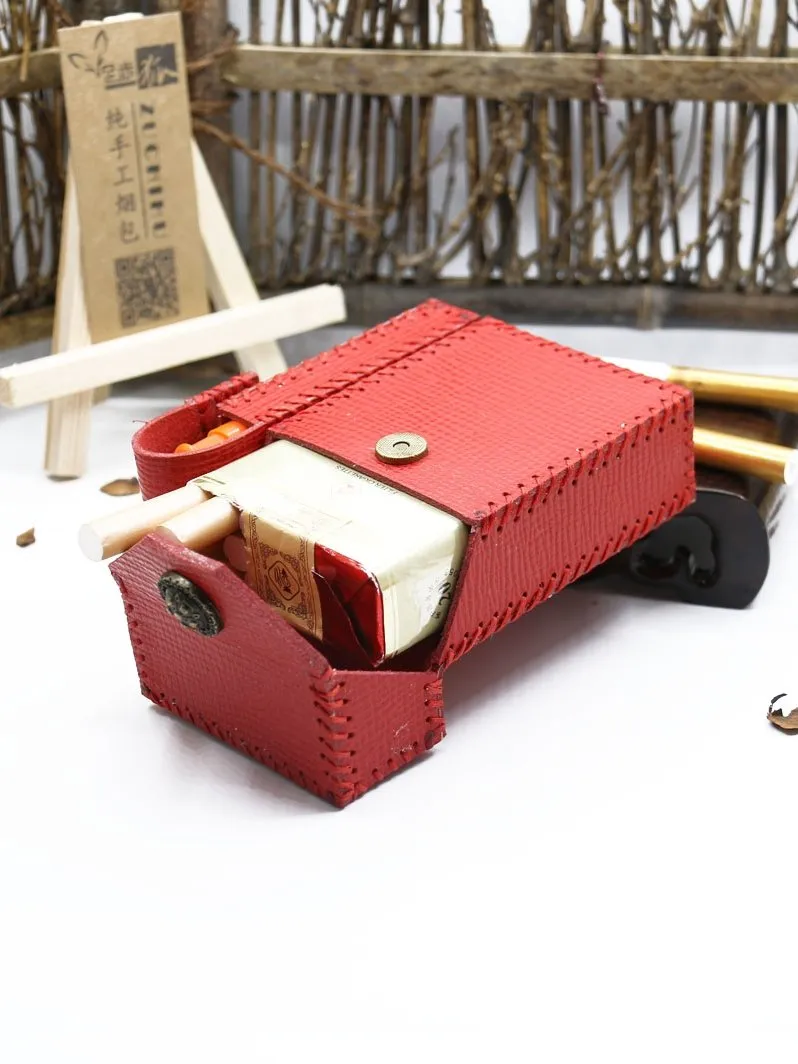 Handmade Leather Womens Red Cigarette Holder Case with Lighter holder for Women