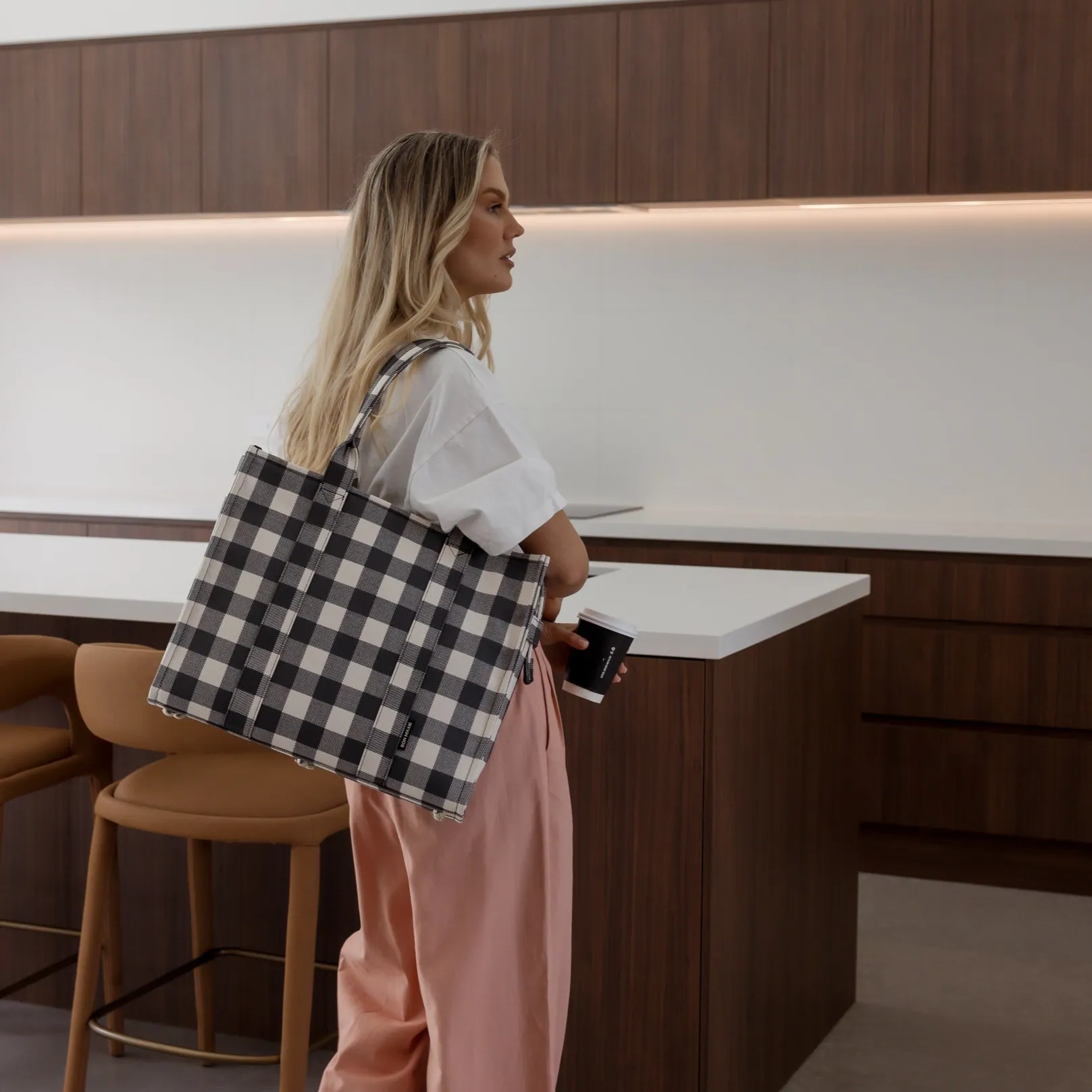 Large Bon Vivant Structured Tote Bag -- Black Gingham
