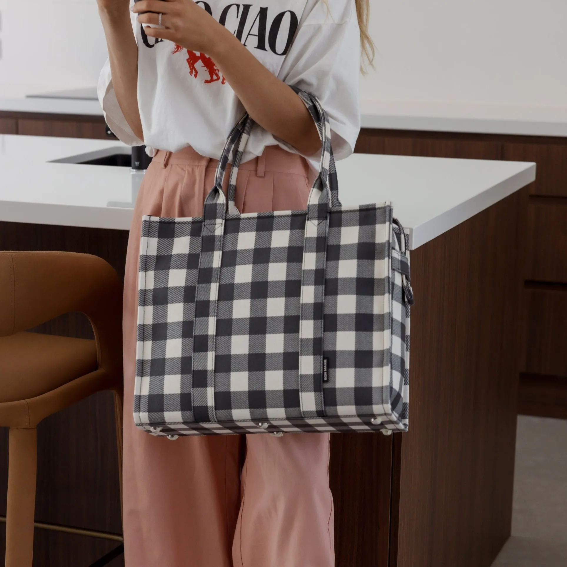 Large Bon Vivant Structured Tote Bag -- Black Gingham