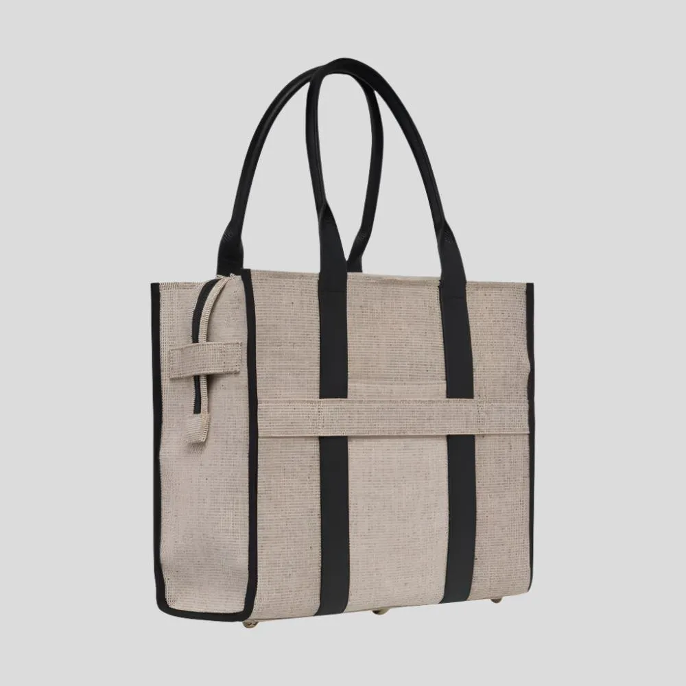 Large Bon Vivant Structured Tote Bag -- Jute Canvas Black Leather