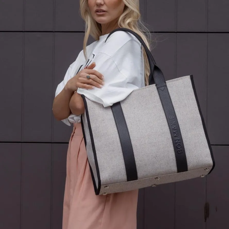 Large Bon Vivant Structured Tote Bag -- Jute Canvas Black Leather