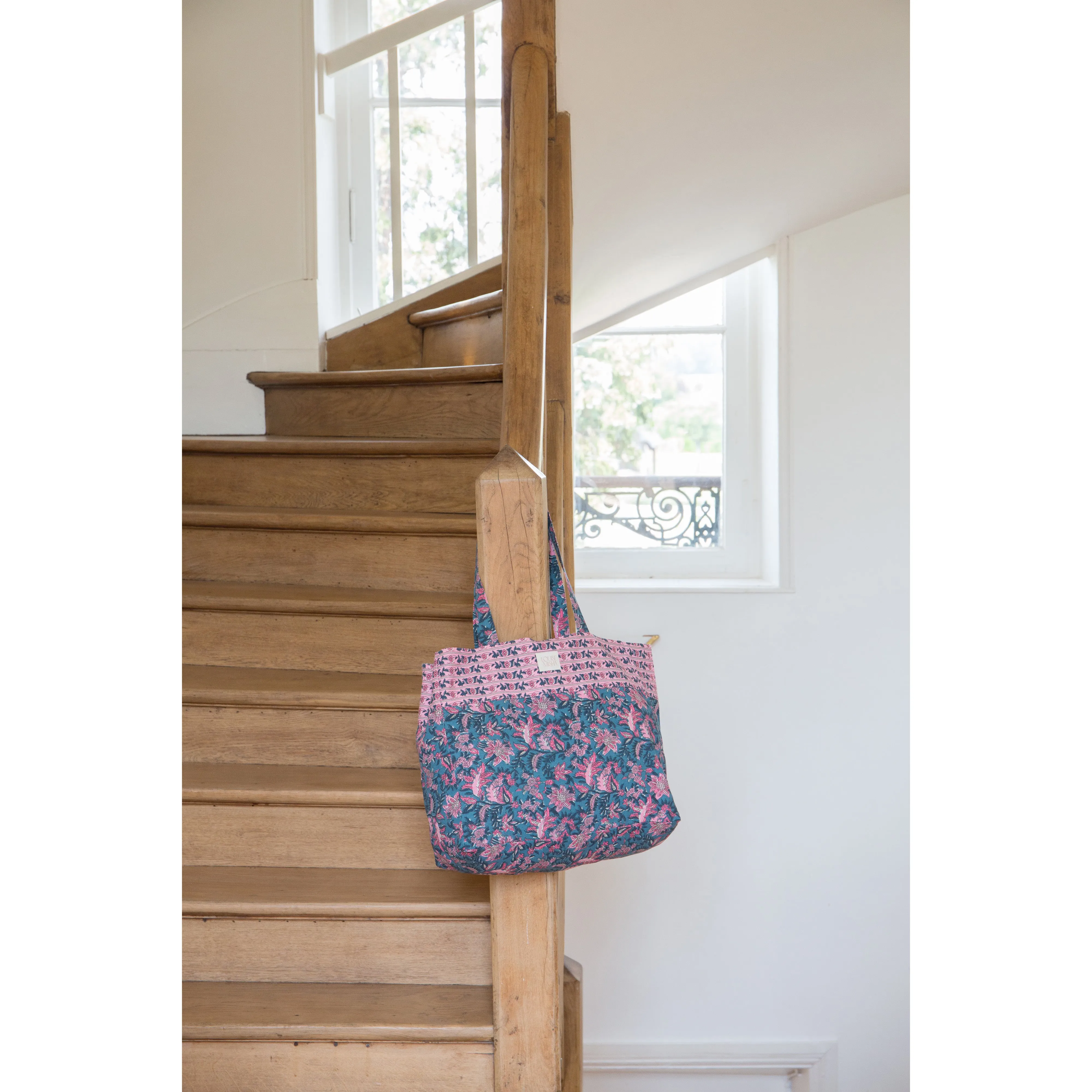 Louise Misha Tote Bag Beverly Printed Cotton Canvas Teal Garden of Eden