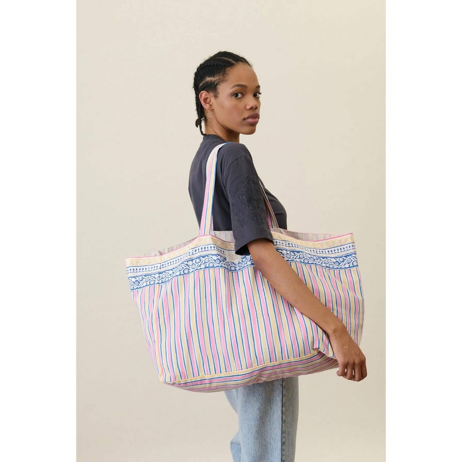 Louise Misha Tote Bag Beverly - Printed Duck Weave - Pink Catania Stripes