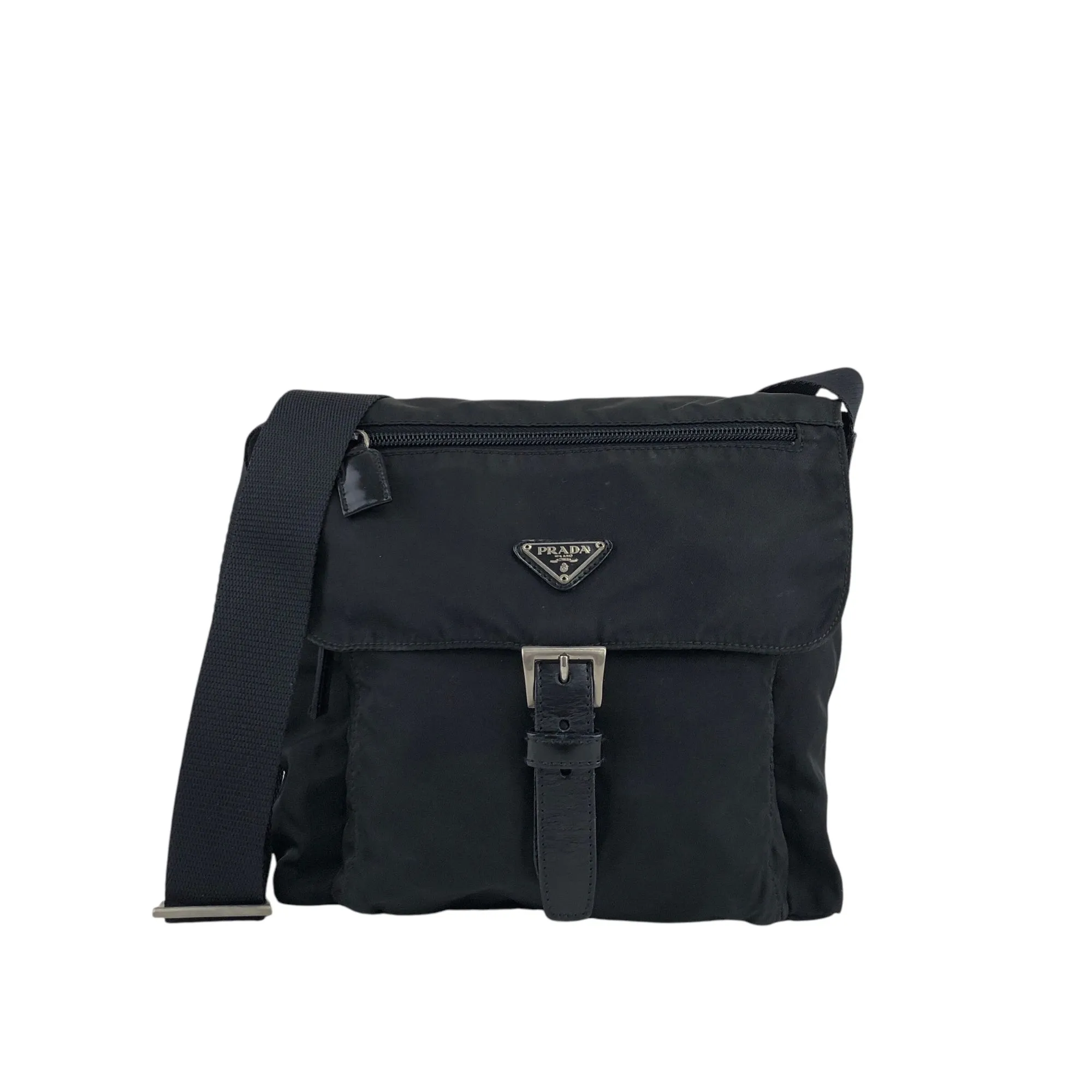 PRADA Triangle Logo Front Buckle Shoulder bag Black Vintage uiz535