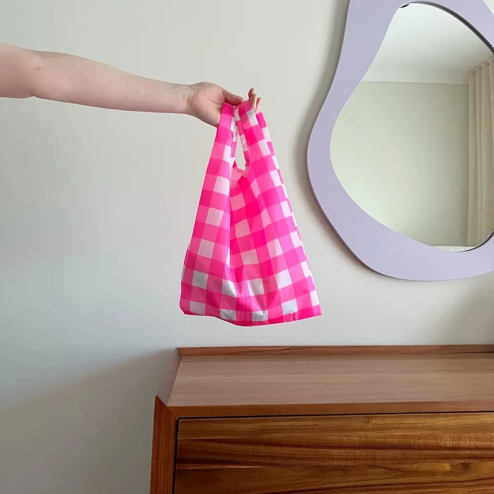 Reusable Shopping Bag - 2 Sizes -- Neon Pink Gingham