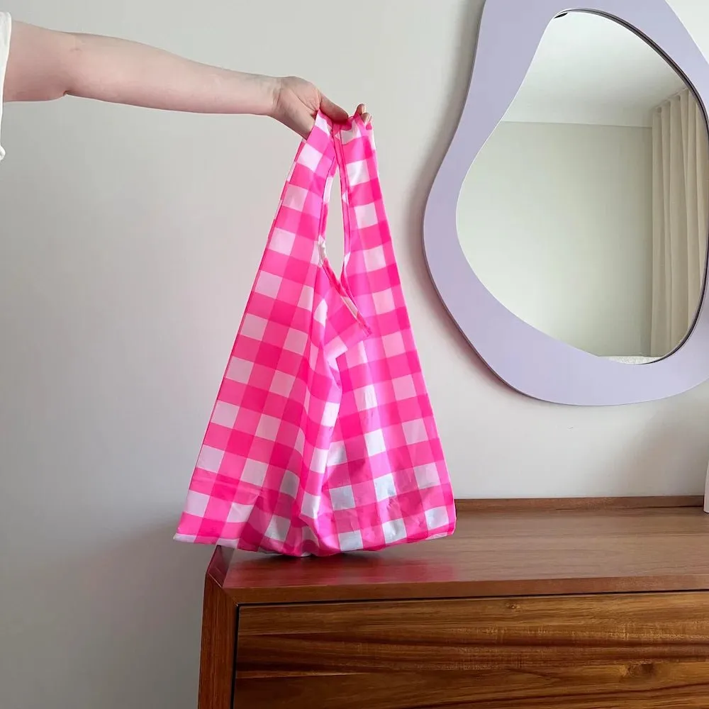 Reusable Shopping Bag - 2 Sizes -- Neon Pink Gingham