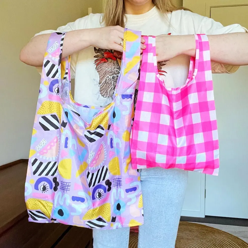 Reusable Shopping Bag - 2 Sizes -- Neon Pink Gingham