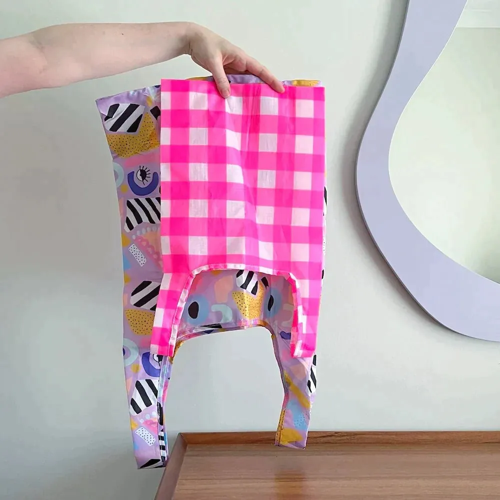 Reusable Shopping Bag - 2 Sizes -- Neon Pink Gingham
