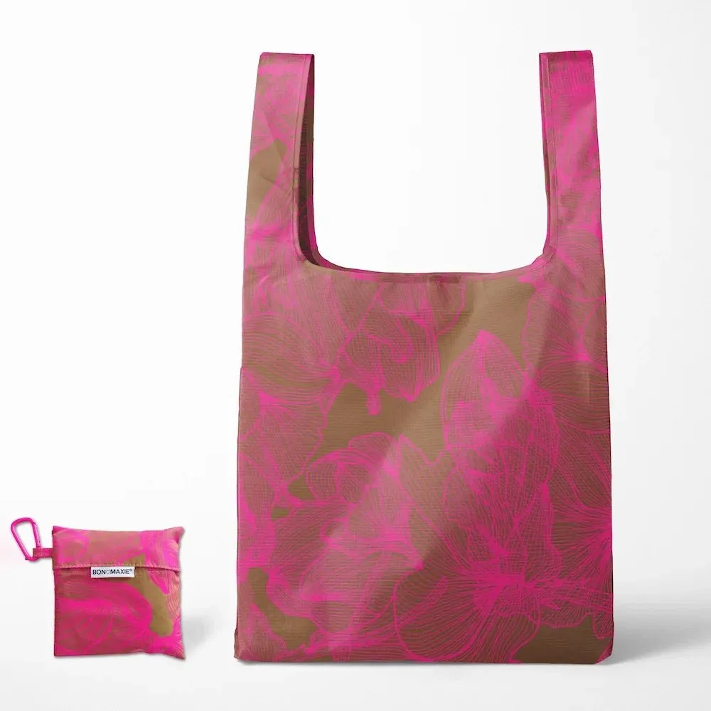 Reusable Shopping Bag - 2 Sizes -- Neon Pink / Tan Floral