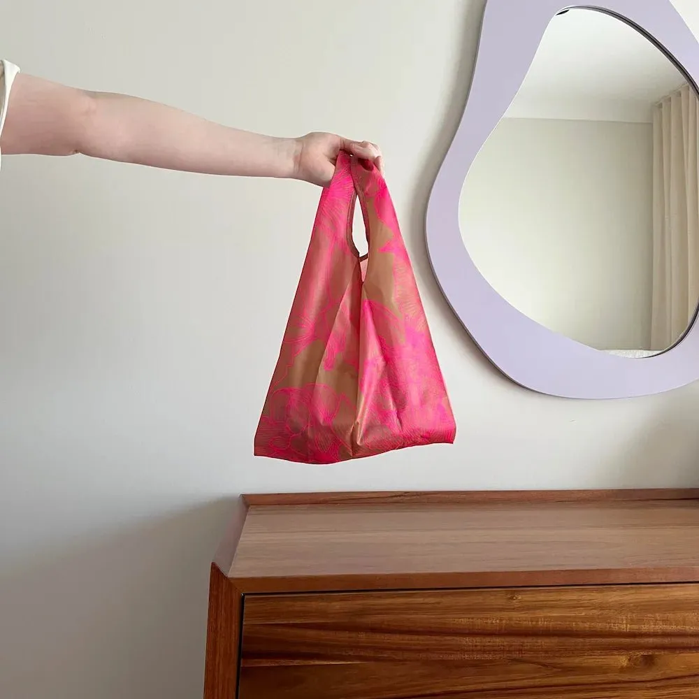 Reusable Shopping Bag - 2 Sizes -- Neon Pink / Tan Floral