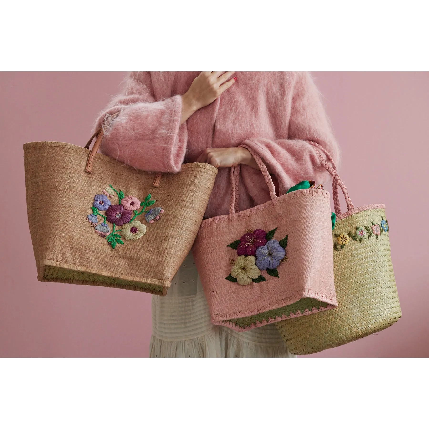Rice DK Raffia Bag with Heavy Flower Embr. in Tea - Leather Handles - Large