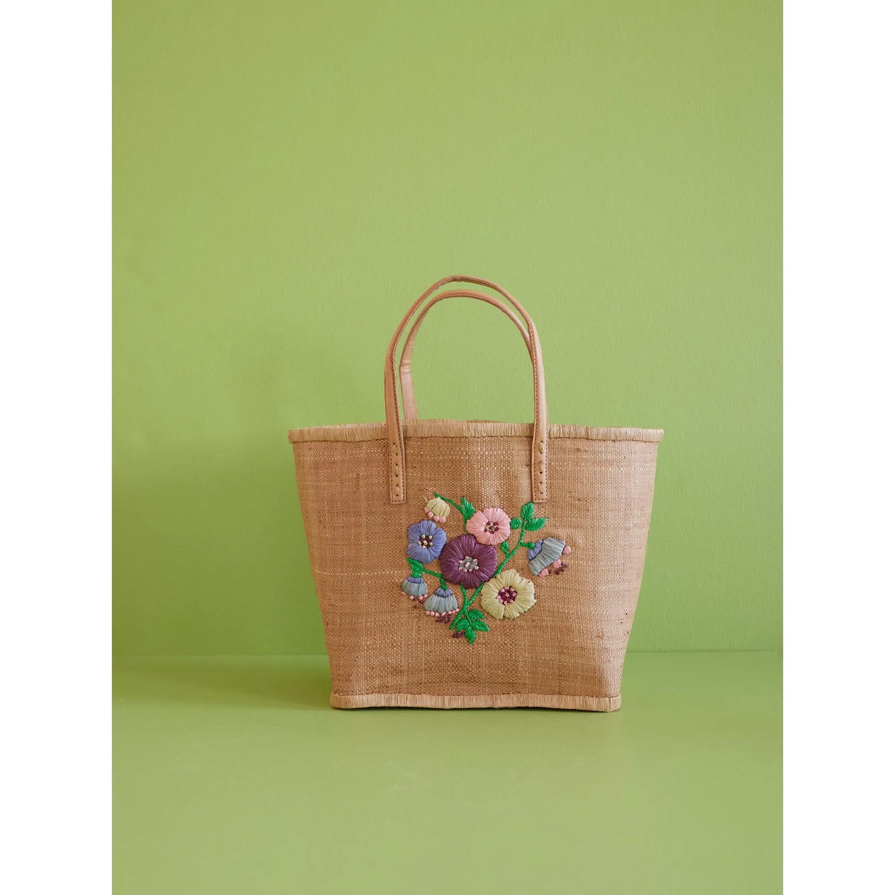 Rice DK Raffia Bag with Heavy Flower Embr. in Tea - Leather Handles - Large