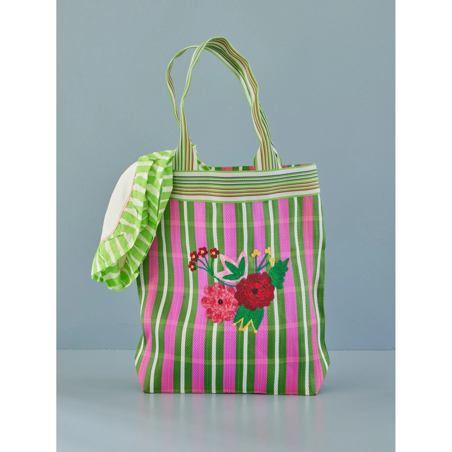 Rice DK Recycled Plastic Shopping Bag with Embroidered Flower Stripes