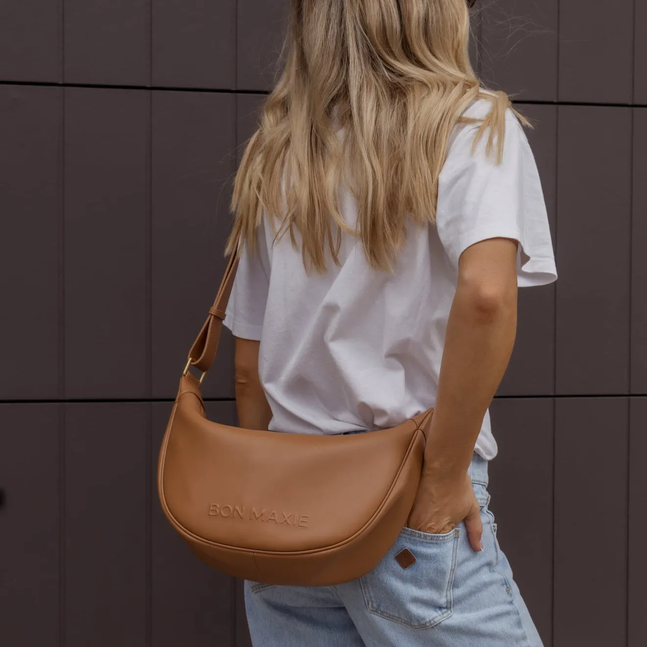Slouchy Leather Crescent Crossbody Bag -- Tan