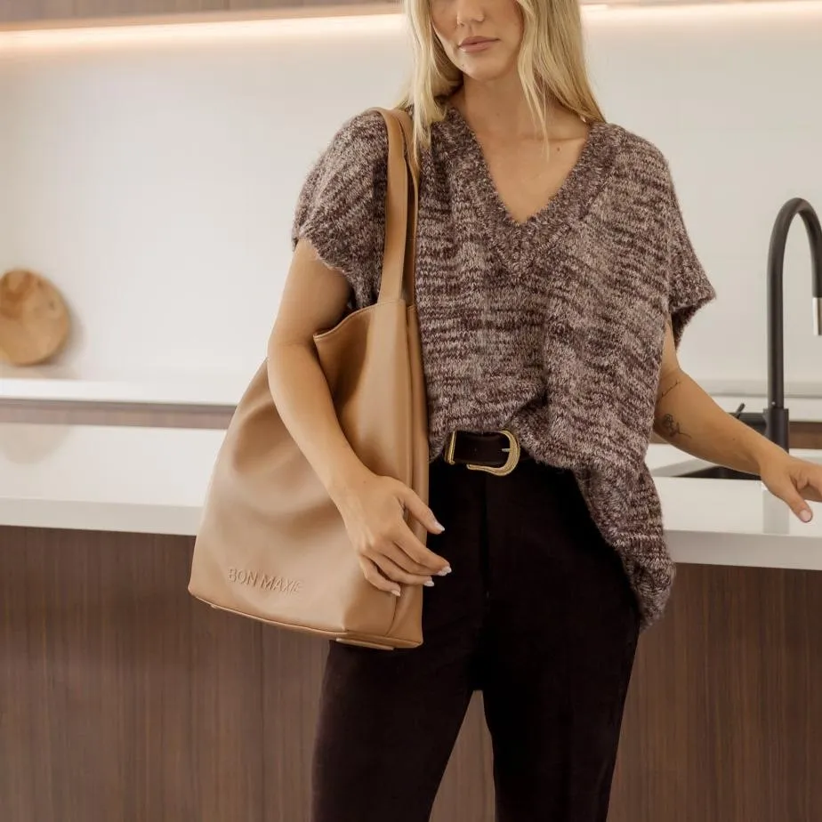 Slouchy Leather Hobo Tote Bag -- Tan