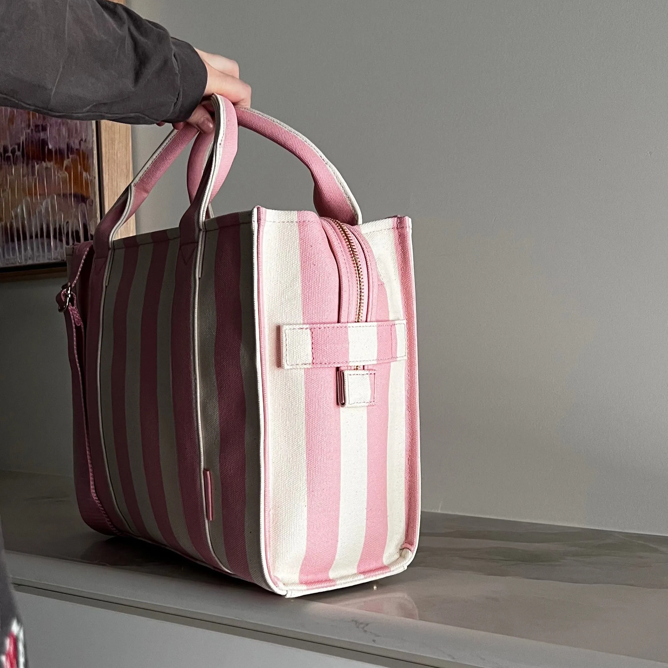 Small Bon Vivant Structured Tote Bag -- Blush Stripe