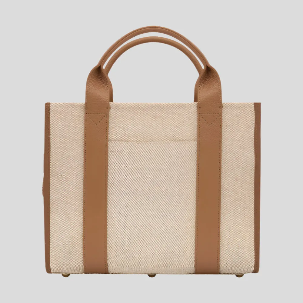 Small Bon Vivant Structured Tote Bag -- Jute Canvas Tan Leather