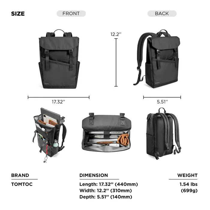 Tomtoc 16 Inch Flap Lightweight & Water-Resistant Laptop Bag / Backpack- Meteorite